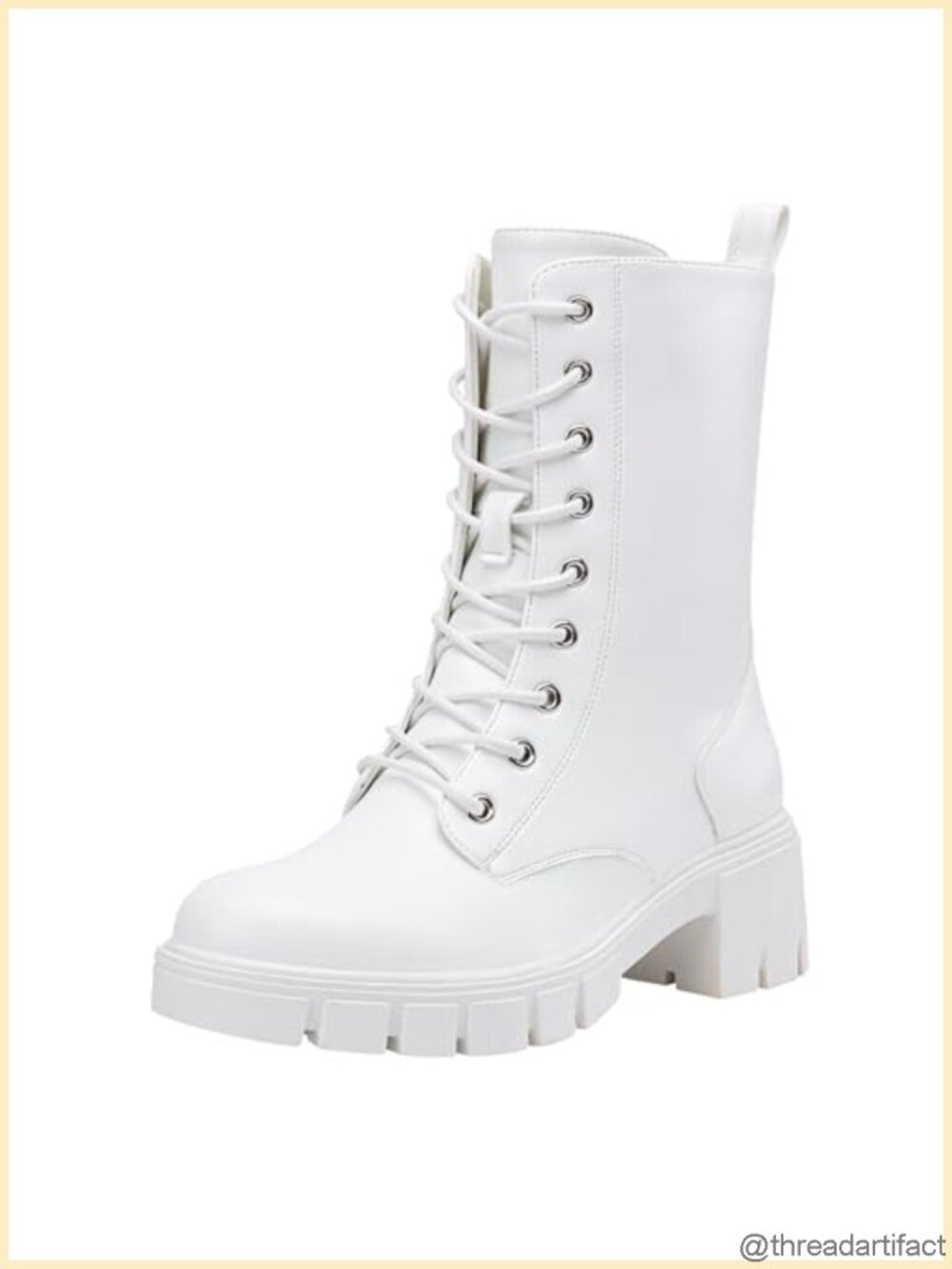 Vepose Women's Mid Calf Combat Lace Up Chunky Platform Boots Faux Leather